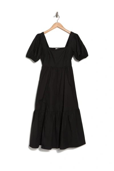 Shop Astr Poplin Puff Sleeve Tiered Midi Dress In Black