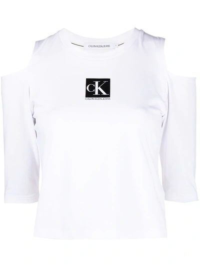 Shop Calvin Klein Jeans Est.1978 Off-shoulder Box Logo T-shirt In White