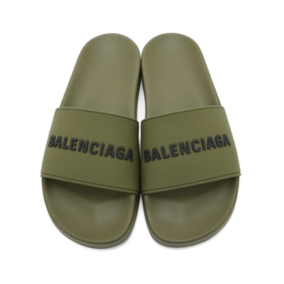 Shop Balenciaga Khaki Pool Slides In 3310 Kaki/b