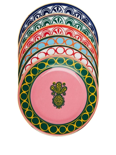 Shop La Doublej Pineapple-print Porcelain Desert Plates (set Of 6) In Pink