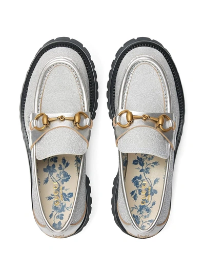 Shop Gucci Horsebit Lug Sole Glitter Loafers In Silver