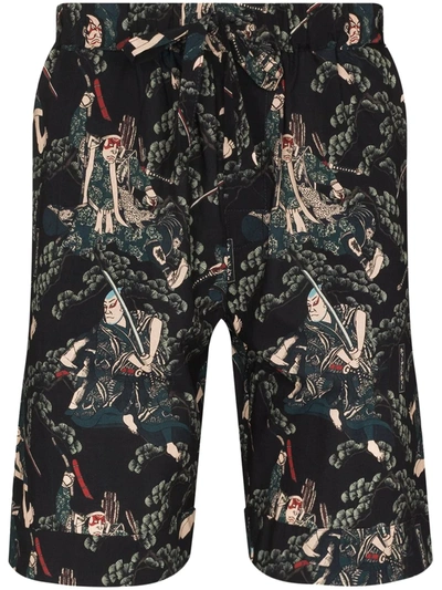 Shop Desmond & Dempsey Samurai Print Pajama Shorts In Black