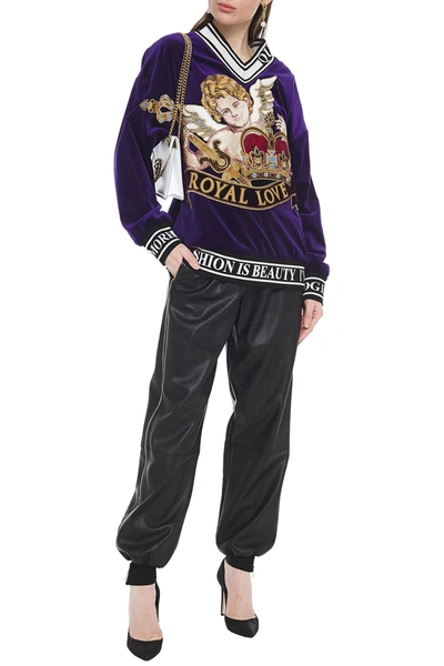Shop Dolce & Gabbana Embellished Embroidered Cotton-velvet Sweatshirt In Dark Purple
