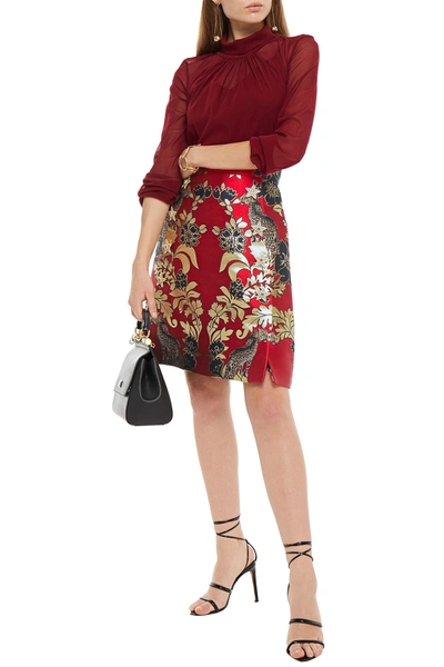 Shop Dolce & Gabbana Pleated Metallic Jacquard Mini Skirt In Claret