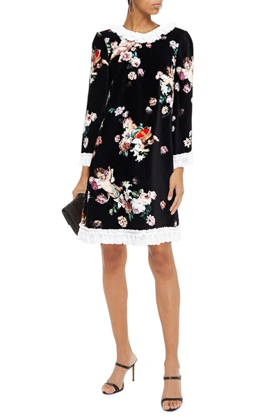 Shop Dolce & Gabbana Crochet-trimmed Printed Cotton-blend Velvet Mini Dress In Black