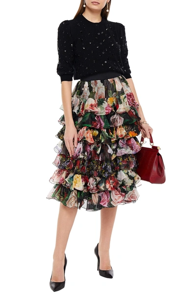 Shop Dolce & Gabbana Paneled Tiered Floral-print Silk-voile And Organza Skirt In Black