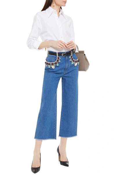 Shop Dolce & Gabbana Embellished Cropped High-rise Wide-leg Jeans In Mid Denim
