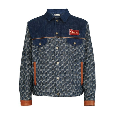 Shop Gucci Denim Jacket In Dk Blue Ivory Mix