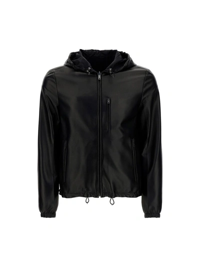 Shop Prada Reversible Hooded Leather Jacket In Black