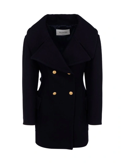 Shop Valentino Double Breasted Short Coat In Navy