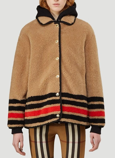 Shop Burberry Stripe Intarsia Fleece Jacket In Beige