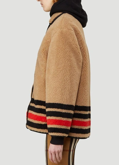 Shop Burberry Stripe Intarsia Fleece Jacket In Beige