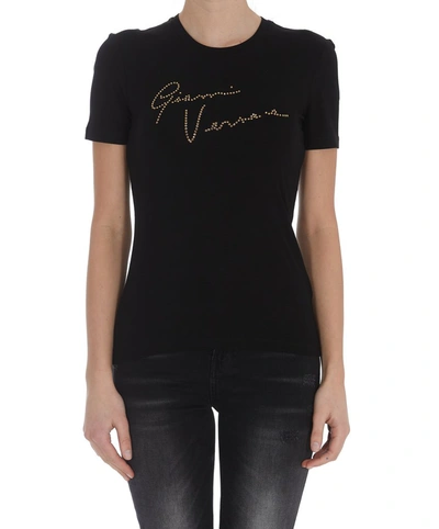 Shop Versace Gv Signature Crystal Embroidered T In Black