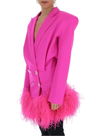 Shop Attico The  Feather Trim Double Breasted Blazer In Pink