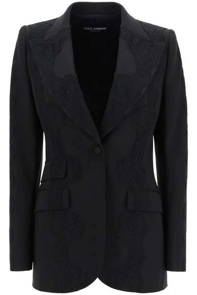 Shop Dolce & Gabbana Lace Detail Single Breasted Blazer In Black