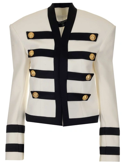 Shop Balmain Collarless Military Cropped Blazer In White