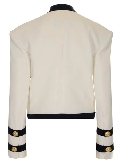 Shop Balmain Collarless Military Cropped Blazer In White