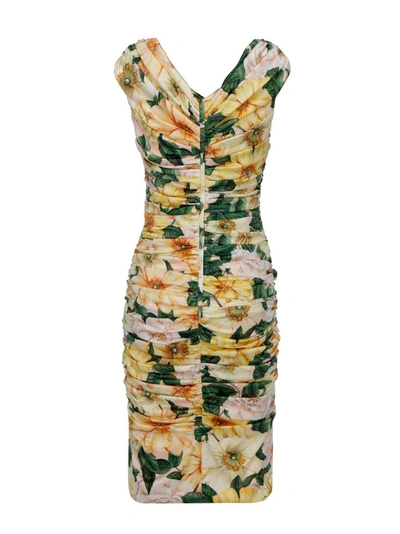 Shop Dolce & Gabbana Camellia Print Draped Midi Dress In Multi
