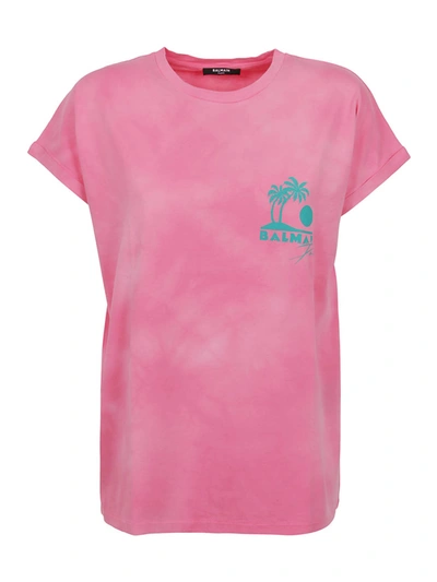 Shop Balmain Tie-dye Palm Tree Logo T-shirt In Pink