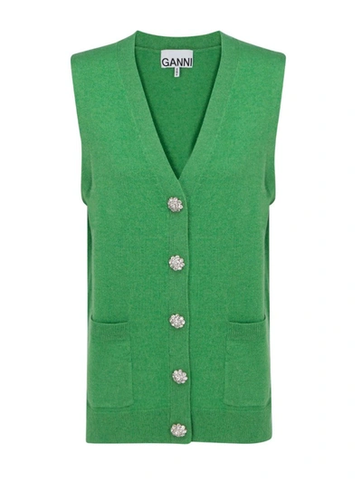 Shop Ganni Buttoned Knit Vest In Green