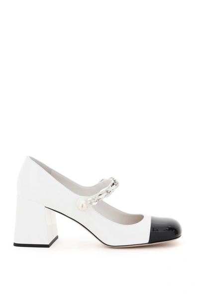 Shop Miu Miu Mary Jane Pumps With Chain Pearl In Bianco Nero (white)