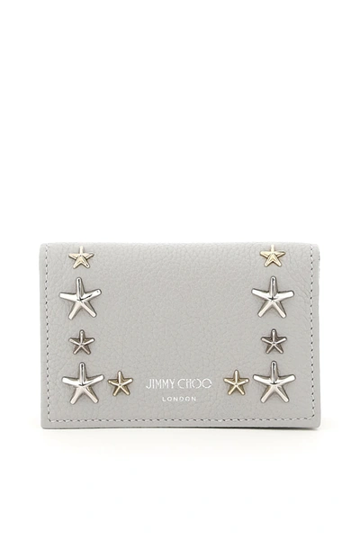 Shop Jimmy Choo Nello Card Holder With Flap And Star Studs In Moonstone Mix (grey)