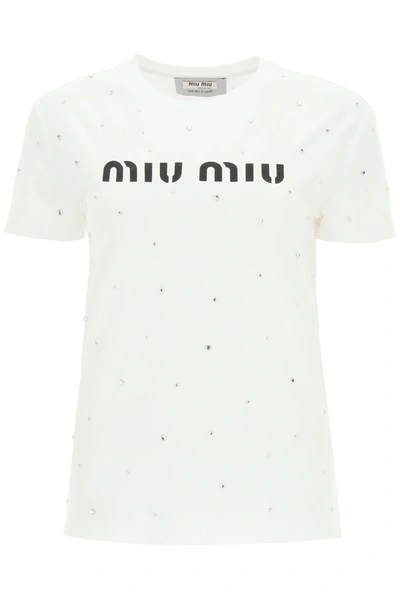 Shop Miu Miu T-shirt With Crystals And Logo In Bianco (white)