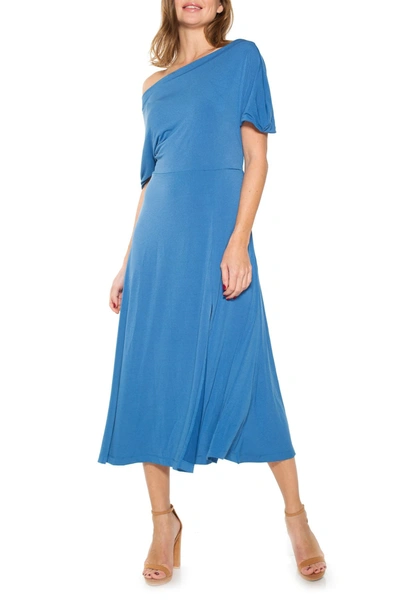 Shop Alexia Admor Kaelyn Draped One Shoulder Floral Midi Dress In Denim Blue