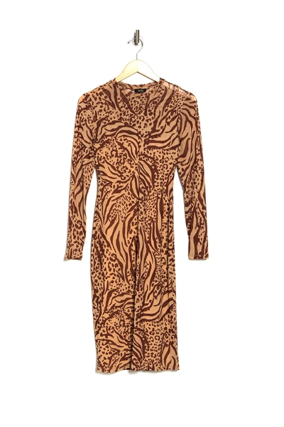 Shop Afrm Loah Long Sleeve Mesh Midi Dress In Brown Multi Animal
