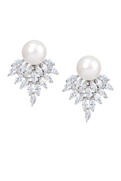 Shop Cz By Kenneth Jay Lane Marquise Cluster Cz & Pearl Earrings In White-clear-silver