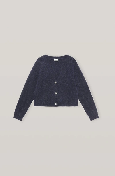 Shop Ganni Long Sleeved Alpaca Blend Cardigan In Navy