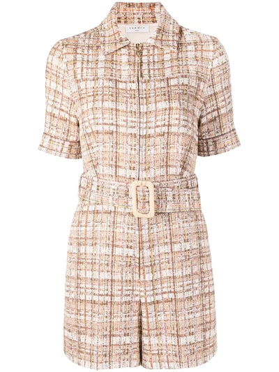 Shop Sandro Belted Tweed Playsuit In Neutrals