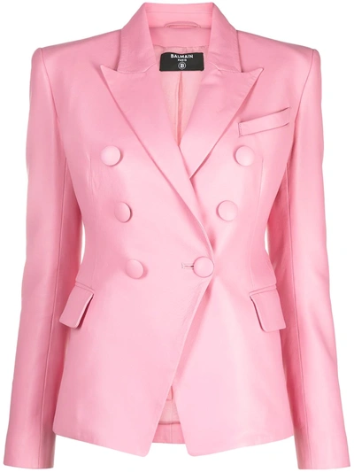 Shop Balmain Double-breasted Leather Blazer In Pink