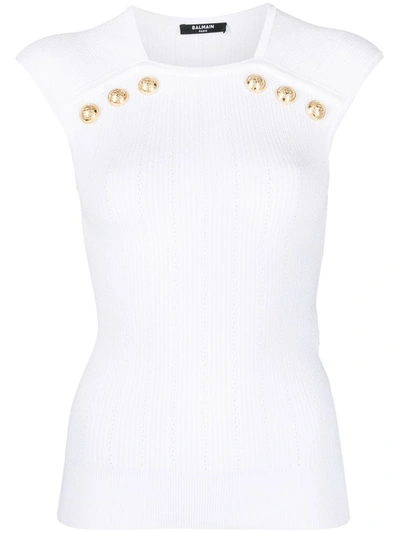 Shop Balmain Embossed-button Sleeveless Knitted Top In White
