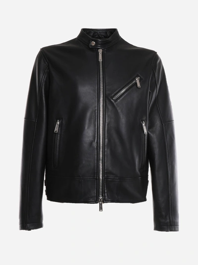 Shop Dsquared2 Leather Jacket With Decorative Buckle Detail In Black