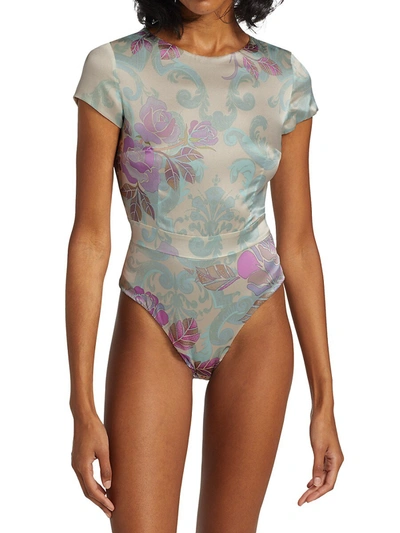 Shop Adriana Iglesias Bel Floral Stretch-silk Bodysuit In Cool Bloom