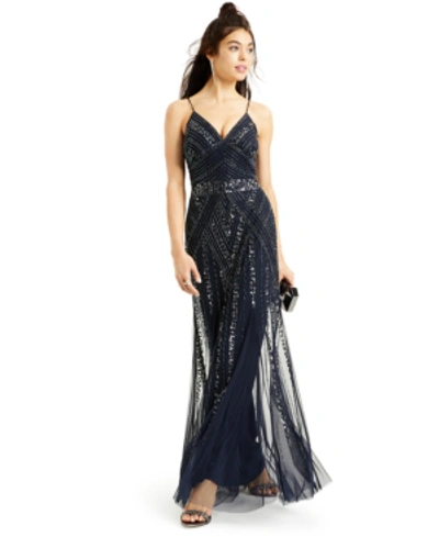 Shop Jump Juniors' Beaded Sequin-embellished Gown In Navy