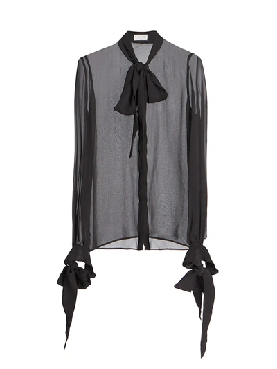Shop Saint Laurent Women's Sheer Silk Tieneck Blouse In Noir