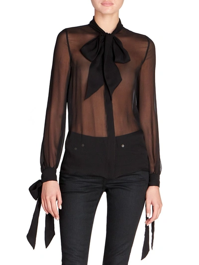 Shop Saint Laurent Women's Sheer Silk Tieneck Blouse In Noir