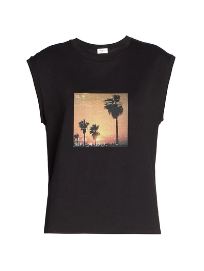 Shop Saint Laurent Cap-sleeve Graphic T-shirt In Noir Multicolor