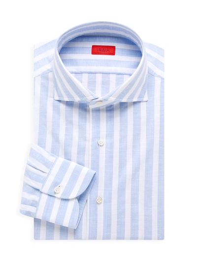 Shop Isaia Men's Striped Cotton Dress Shirt In Light Blue