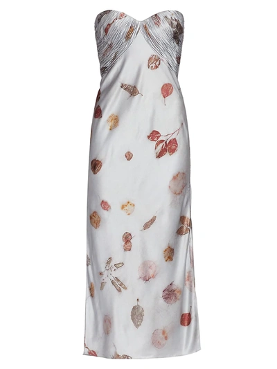 Shop Alejandra Alonso Rojas Strapless Printed Silk Bustier Midi Dress In Silver Floral