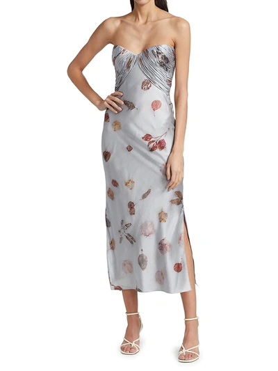 Shop Alejandra Alonso Rojas Strapless Printed Silk Bustier Midi Dress In Silver Floral