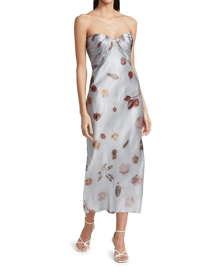 Shop Alejandra Alonso Rojas Strapless Printed Silk Bustier Midi Dress In Silver Floral