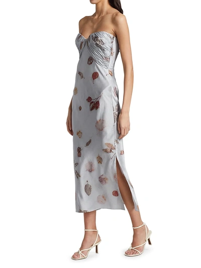 Shop Alejandra Alonso Rojas Strapless Printed Silk Bustier Midi Dress In Silver Floral