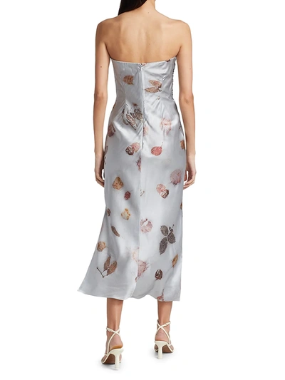 Shop Alejandra Alonso Rojas Strapless Printed Silk Bustier Midi Dress In Silver Floral