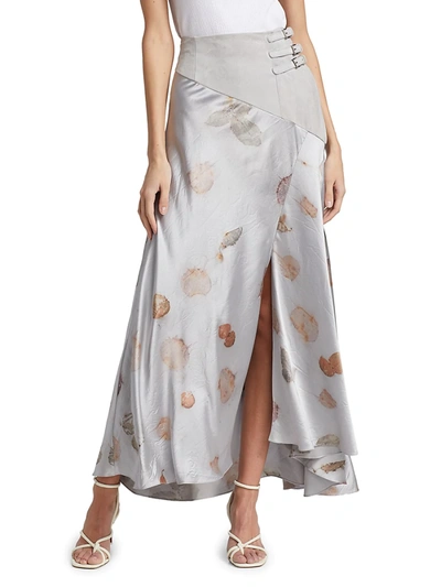 Shop Alejandra Alonso Rojas Suede Buckle Detail Floral Skirt In Silver Floral