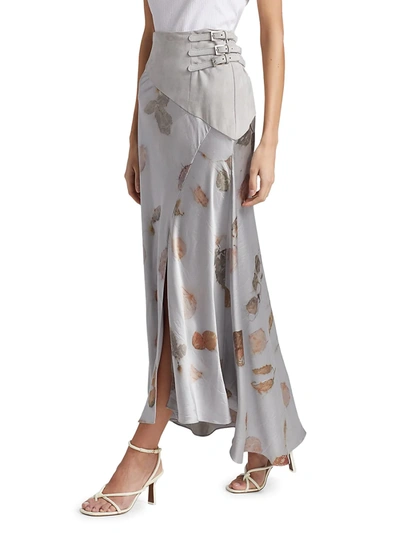 Shop Alejandra Alonso Rojas Suede Buckle Detail Floral Skirt In Silver Floral