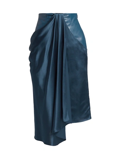 Shop Alejandra Alonso Rojas Satin & Leather Draped Skirt In Blue