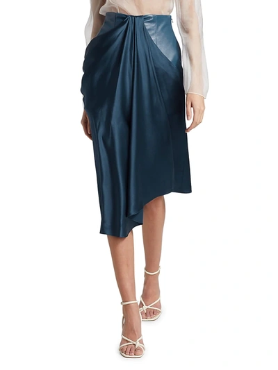 Shop Alejandra Alonso Rojas Satin & Leather Draped Skirt In Blue